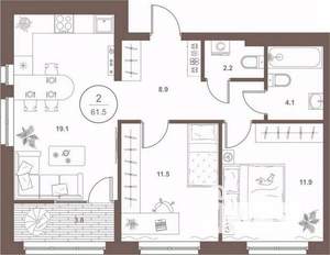 2-к квартира, вторичка, 61м2, 1/16 этаж