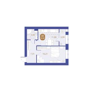 1-к квартира, вторичка, 43м2, 1/4 этаж