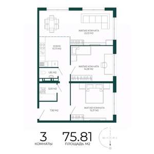 3-к квартира, строящийся дом, 76м2, 14/17 этаж