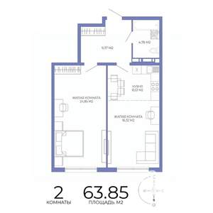 2-к квартира, строящийся дом, 64м2, 7/17 этаж