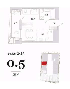 1-к квартира, вторичка, 33м2, 7/24 этаж