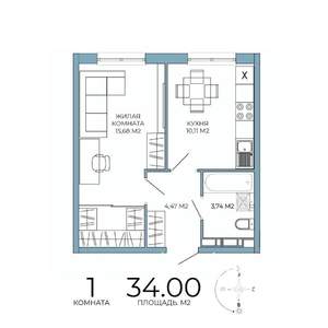 1-к квартира, строящийся дом, 34м2, 5/18 этаж