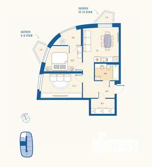 2-к квартира, вторичка, 61м2, 13/16 этаж