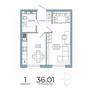 1-к квартира, строящийся дом, 36м2, 9/18 этаж