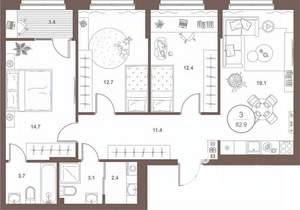 3-к квартира, вторичка, 83м2, 1/16 этаж