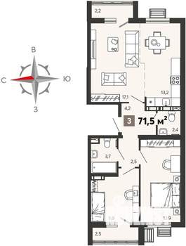 3-к квартира, вторичка, 72м2, 14/16 этаж