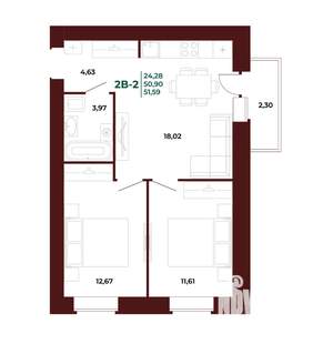 2-к квартира, вторичка, 52м2, 3/17 этаж