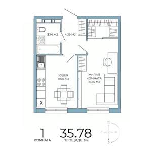 1-к квартира, строящийся дом, 36м2, 4/18 этаж