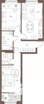 2-к квартира, вторичка, 64м2, 8/16 этаж