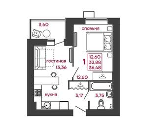 1-к квартира, вторичка, 36м2, 14/17 этаж