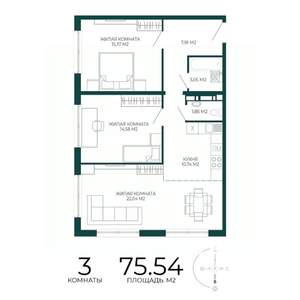 3-к квартира, строящийся дом, 76м2, 3/17 этаж