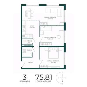 3-к квартира, строящийся дом, 76м2, 13/17 этаж