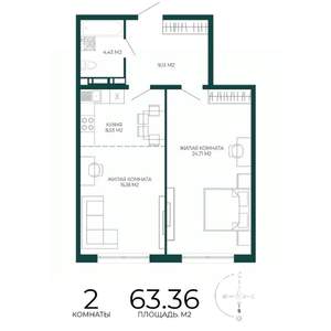 2-к квартира, строящийся дом, 63м2, 4/17 этаж