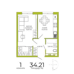 1-к квартира, строящийся дом, 34м2, 15/18 этаж