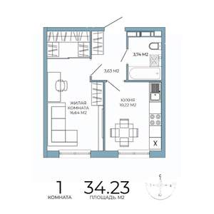 1-к квартира, строящийся дом, 34м2, 8/18 этаж