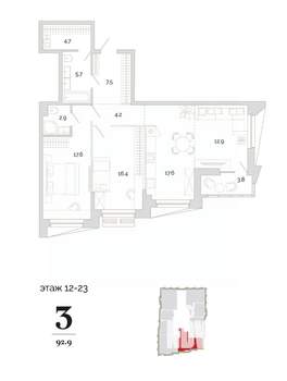 3-к квартира, вторичка, 93м2, 19/24 этаж
