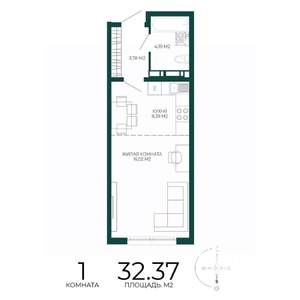 1-к квартира, строящийся дом, 32м2, 15/17 этаж