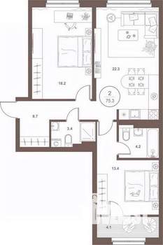 2-к квартира, вторичка, 74м2, 4/16 этаж