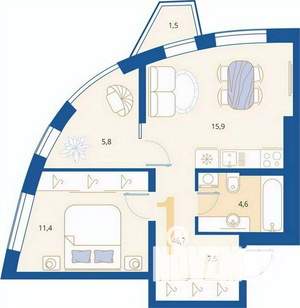 1-к квартира, вторичка, 47м2, 7/16 этаж