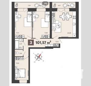 3-к квартира, вторичка, 102м2, 12/13 этаж
