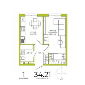 1-к квартира, строящийся дом, 34м2, 18/18 этаж