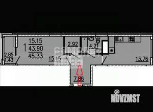 1-к квартира, вторичка, 45м2, 11/16 этаж
