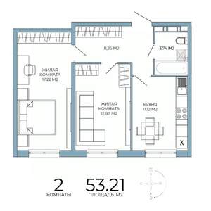 2-к квартира, строящийся дом, 53м2, 8/18 этаж