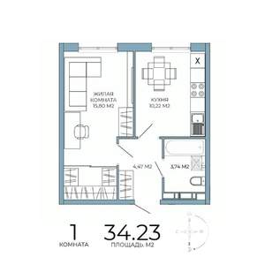 1-к квартира, строящийся дом, 34м2, 10/18 этаж