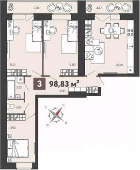 3-к квартира, вторичка, 99м2, 3/16 этаж