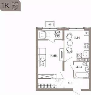 1-к квартира, вторичка, 42м2, 9/17 этаж