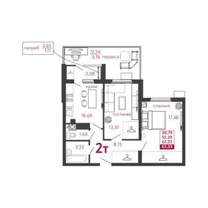 2-к квартира, вторичка, 63м2, 1/5 этаж