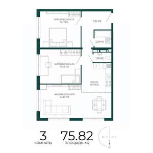 3-к квартира, строящийся дом, 76м2, 13/17 этаж