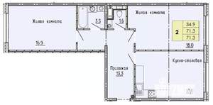 2-к квартира, строящийся дом, 71м2, 3/18 этаж