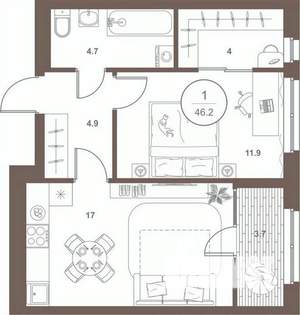 1-к квартира, вторичка, 46м2, 7/16 этаж