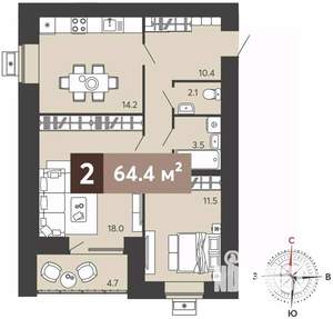 2-к квартира, вторичка, 64м2, 12/17 этаж