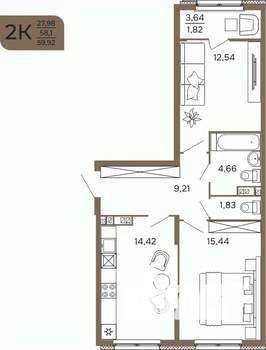 2-к квартира, вторичка, 60м2, 2/17 этаж
