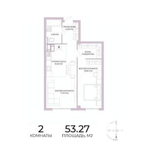 2-к квартира, строящийся дом, 53м2, 13/17 этаж