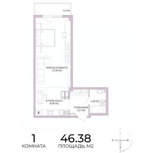 1-к квартира, строящийся дом, 46м2, 16/17 этаж