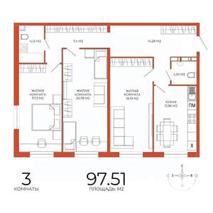 3-к квартира, строящийся дом, 98м2, 13/18 этаж