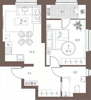 1-к квартира, вторичка, 47м2, 9/16 этаж