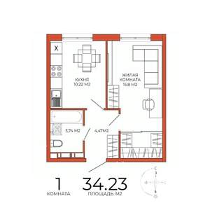 1-к квартира, строящийся дом, 34м2, 10/18 этаж