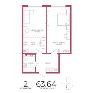 2-к квартира, строящийся дом, 64м2, 7/18 этаж