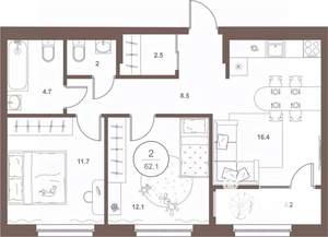2-к квартира, вторичка, 62м2, 13/16 этаж