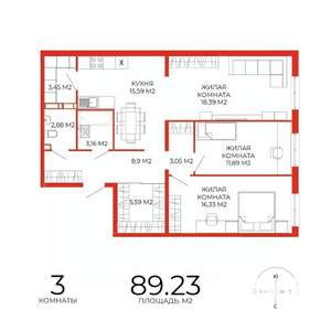 3-к квартира, вторичка, 89м2, 8/18 этаж