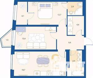 2-к квартира, вторичка, 69м2, 4/16 этаж
