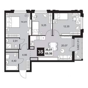 4-к квартира, вторичка, 70м2, 12/20 этаж