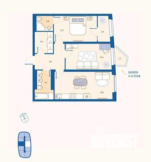 2-к квартира, вторичка, 67м2, 13/16 этаж