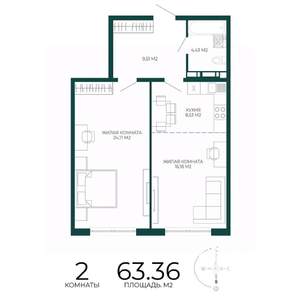 2-к квартира, строящийся дом, 63м2, 3/17 этаж