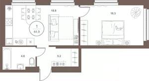 1-к квартира, вторичка, 45м2, 5/16 этаж