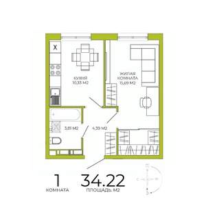 1-к квартира, вторичка, 34м2, 12/18 этаж